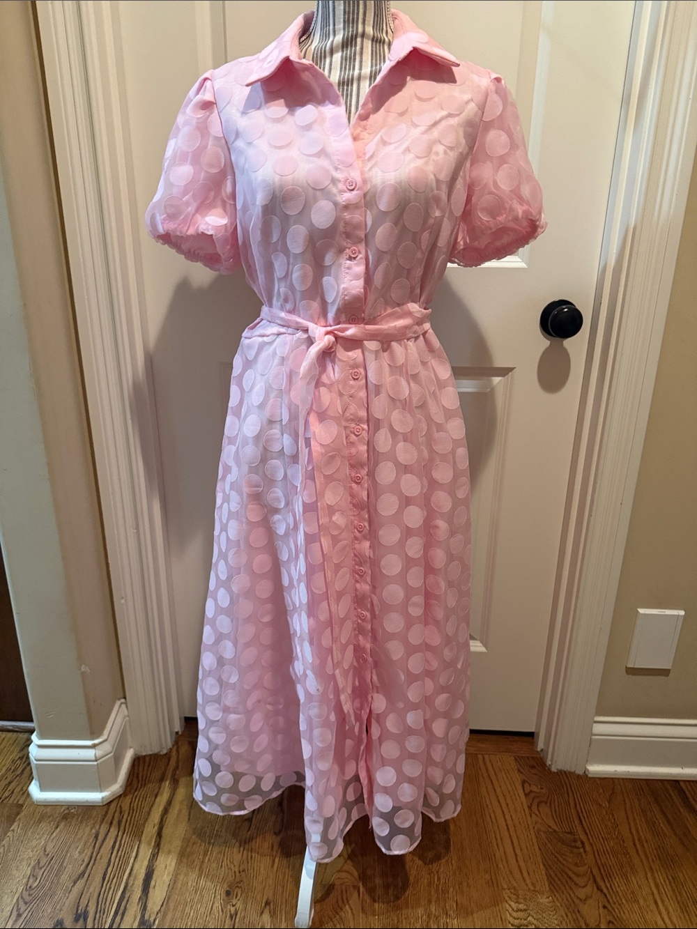 Classic Pink Polka Dot Midi Shirt Dress with Tie Waist